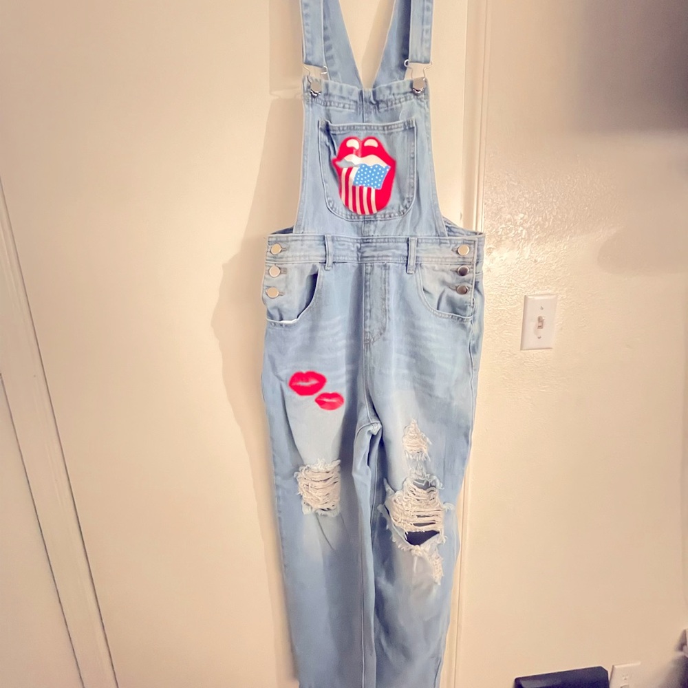 Light Blue Denim Overalls with Red Lips Patch